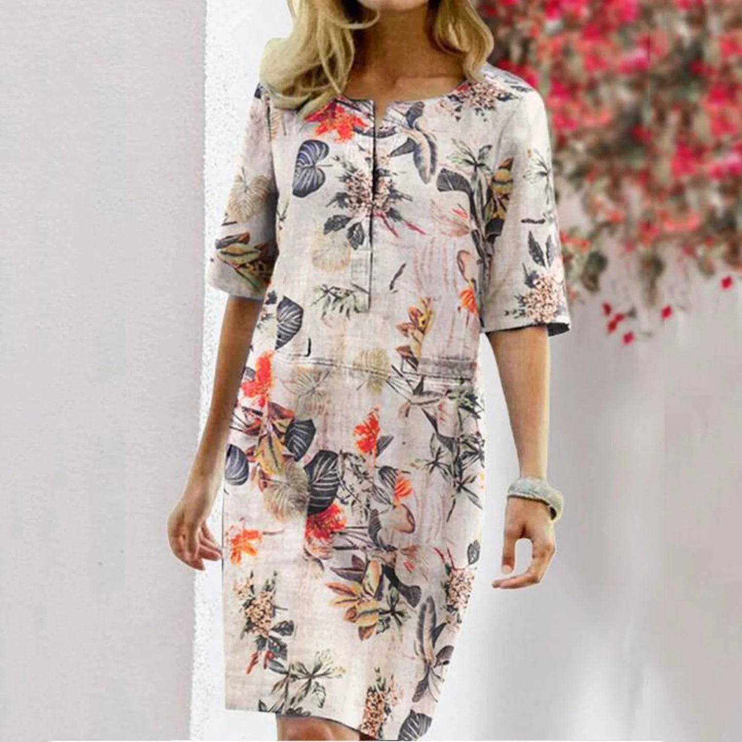 Robe droite femme – Imprimé tropical – Coupe décontractée – Mi-longue