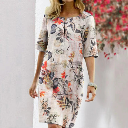 Robe droite femme – Imprimé tropical – Coupe décontractée – Mi-longue