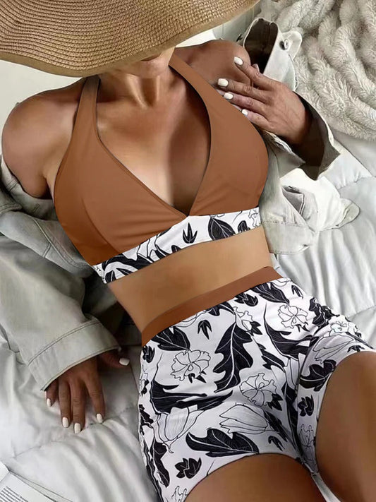 Maillot de bain femme – Bikini deux pièces – Haut dos nu – Short taille haute extensible – Imprimé fleuri