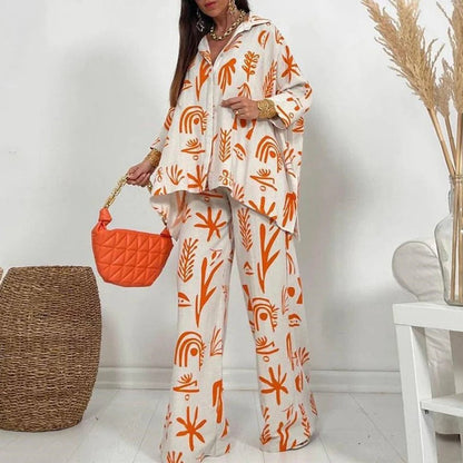 Ensemble Femme – Coupe Décontractée – Tissu Respirant – Pantalon Large – Chemise à Boutons