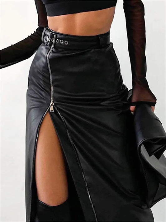 Jupe crayon femme – Similicuir – Taille haute – Fermeture zippée – Fente avant midi