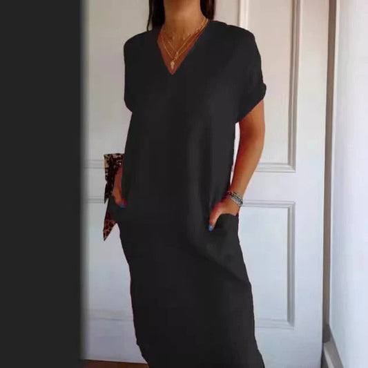 Robe longue femme – Coupe décontractée – Tissu coton doux – Manches courtes – Col V – Avec poches