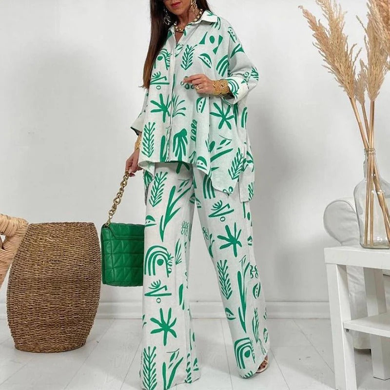 Ensemble Femme – Coupe Décontractée – Tissu Respirant – Pantalon Large – Chemise à Boutons