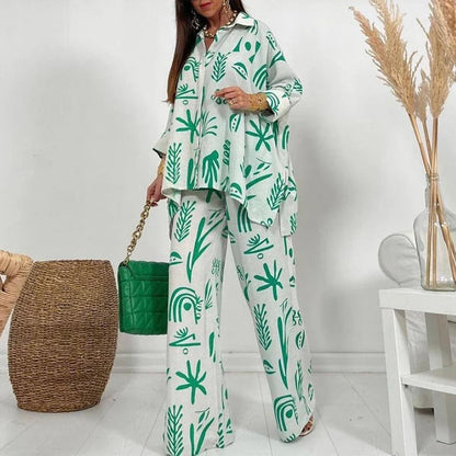 Ensemble Femme – Coupe Décontractée – Tissu Respirant – Pantalon Large – Chemise à Boutons