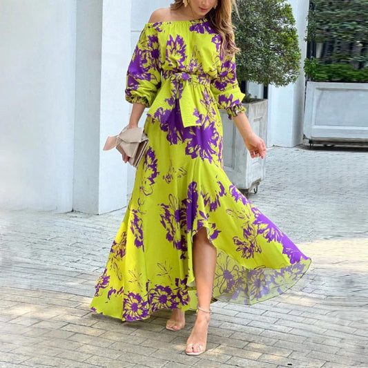 Robe longue femme – Coupe fluide – Épaules dénudées – Manches bouffantes – Imprimé floral
