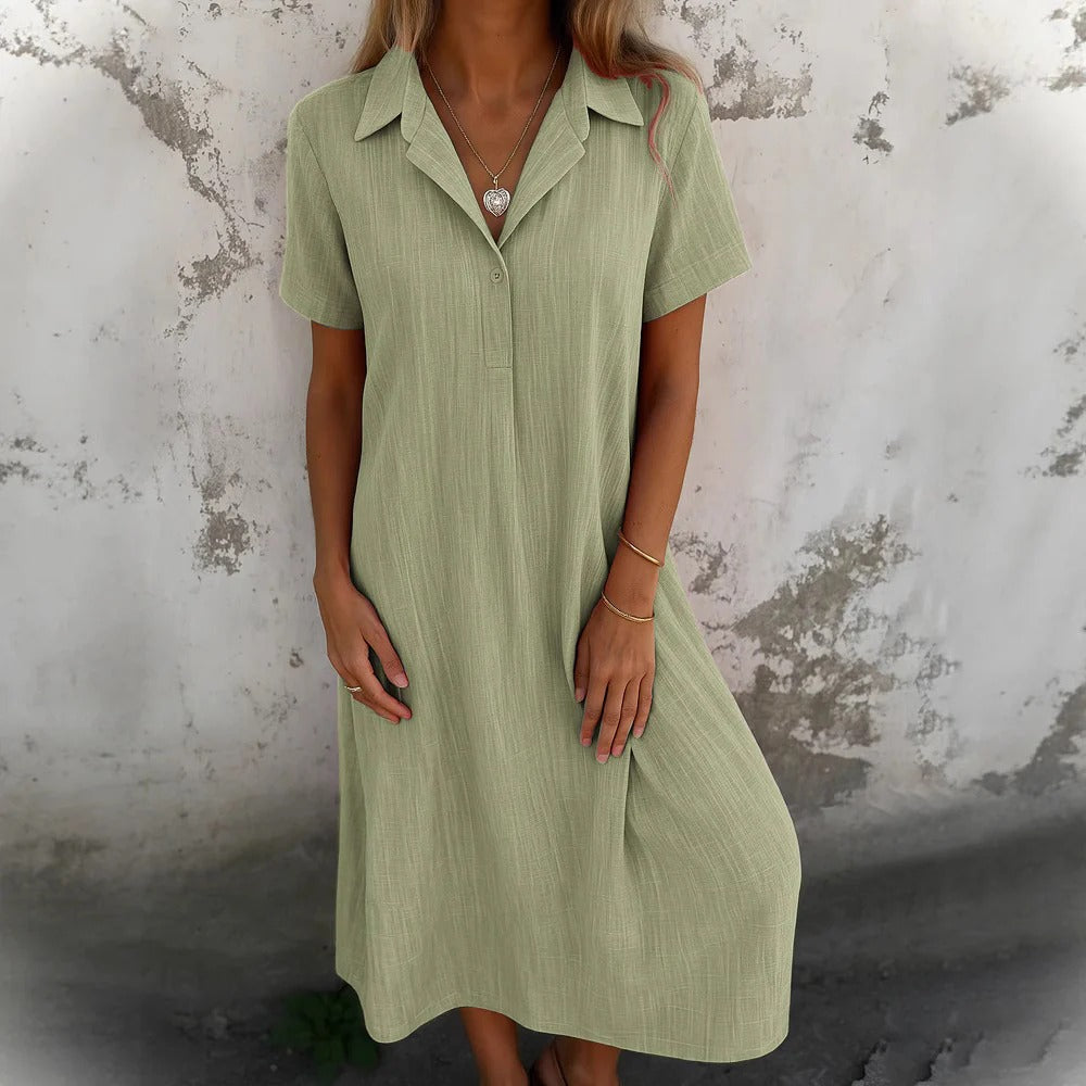 Robe chemise femme – Coupe décontractée – Coton – Manches courtes – Longueur midi