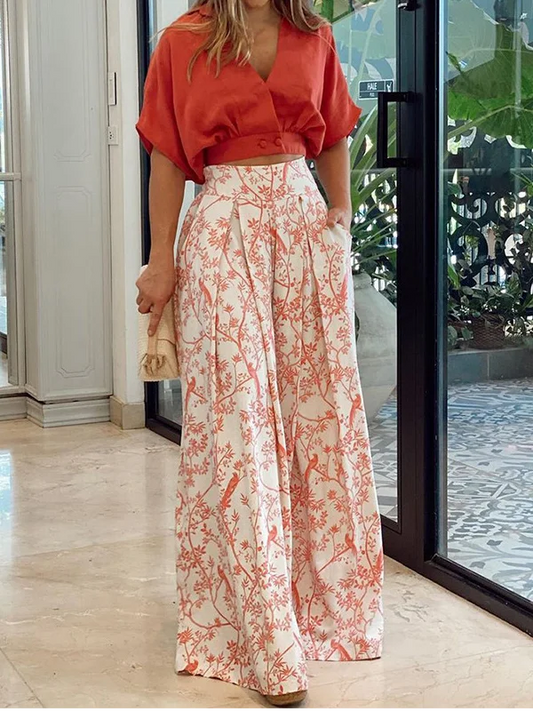 Ensemble Femme Deux Pièces – Haut Court Manches Chauve-Souris – Pantalon Taille Haute Ample – Tissu Respirant