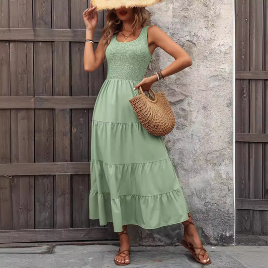 Robe femme midi – Coupe évasée – Corsage smocké – Bretelles fines – Jupe plissée