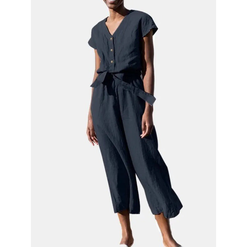 Combinaison femme – Col en V – Coton – Manches courtes – Coupe fluide – Jambe raccourcie