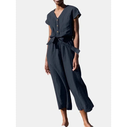 Combinaison femme – Col en V – Coton – Manches courtes – Coupe fluide – Jambe raccourcie