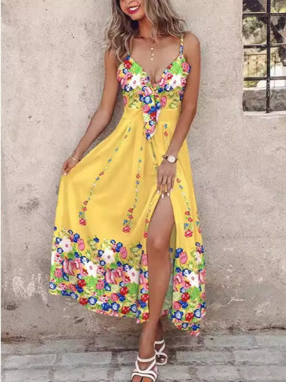 Robe longue femme – Coupe évasée – Bretelles fines – Décolleté en V – Imprimé fleuri – Fente frontale