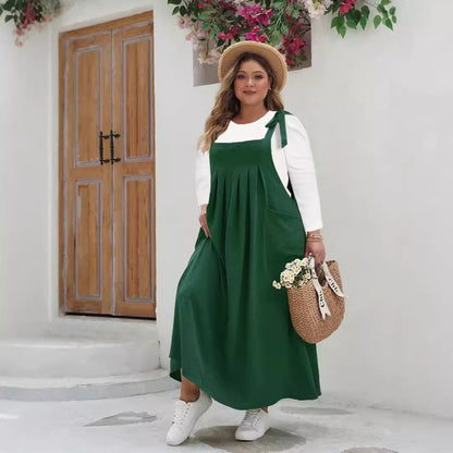 Robe longue femme – Coupe ample – Coton – Sans manches – Bretelles réglables – Poches
