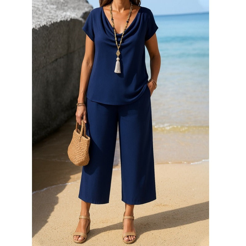Ensemble Femme Deux Pièces – Haut Col Dégagé Manches Courtes – Pantalon Large Capri