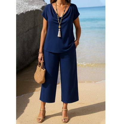 Ensemble Femme Deux Pièces – Haut Col Dégagé Manches Courtes – Pantalon Large Capri
