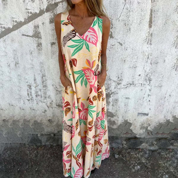Robe femme sans manches – Coupe ample – Longue – Décolleté en V – Motif feuillage – Coton