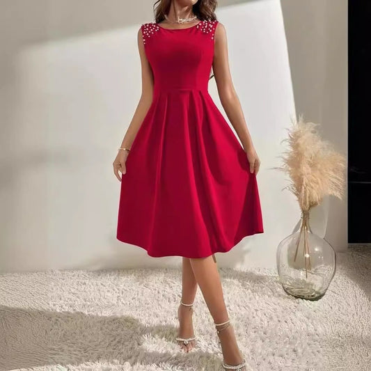 Robe midi femme – Taille cintrée – Coupe évasée – Épaules ornées de perles