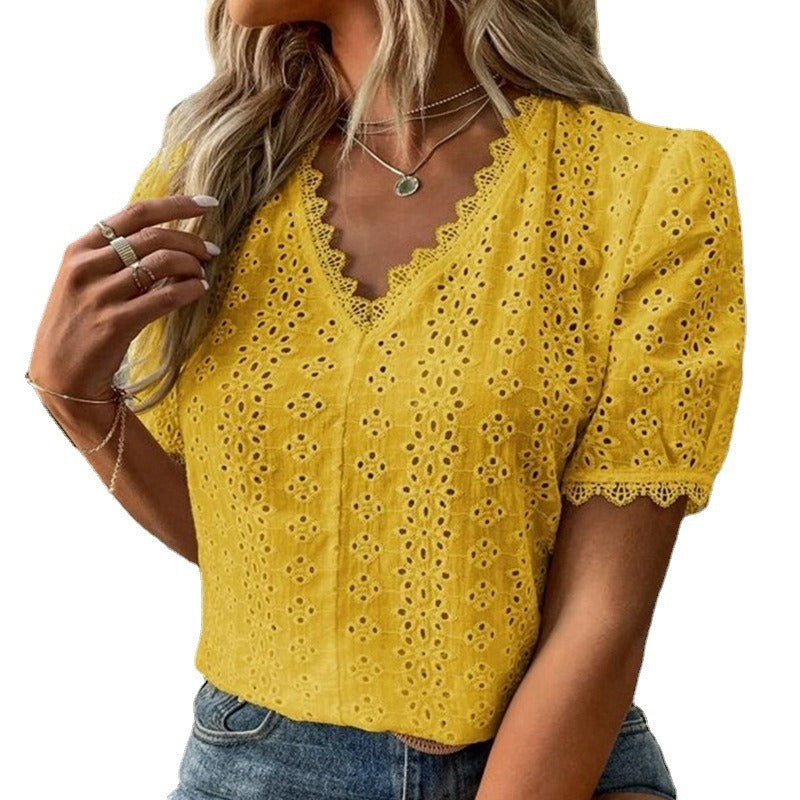 Chemise femme manches courtes – Coupe fluide – Coton – Broderie anglaise – Col festonné