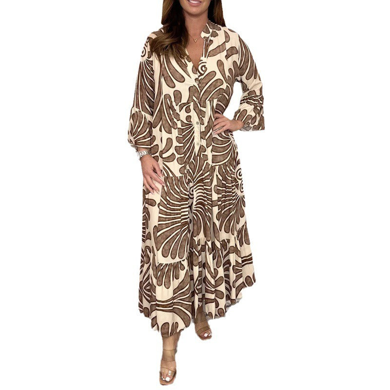 Robe midi femme – Coupe ample – Chiffon – Col en V – Plissée – Imprimée – Manches 3/4