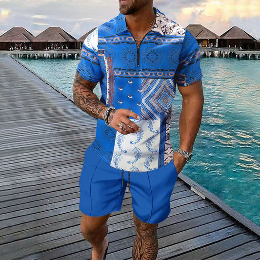 Ensemble homme – Polo zippé slim à imprimé digital + short genou