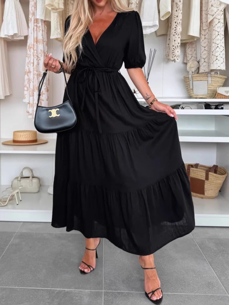 Robe femme longue – Lin léger – Coupe évasée – Décolleté cache-cœur – Manches bouffantes