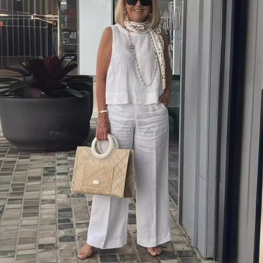 Ensemble Femme Deux Pièces – Lin et Coton – Coupe Ample – Top Sans Manches – Pantalon Large