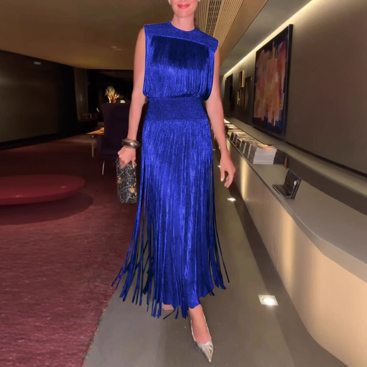 Ensemble deux pièces femme – Robe sans manches – Coupe élégante – Ourlet à franges – Effet soyeux – Longueur midi