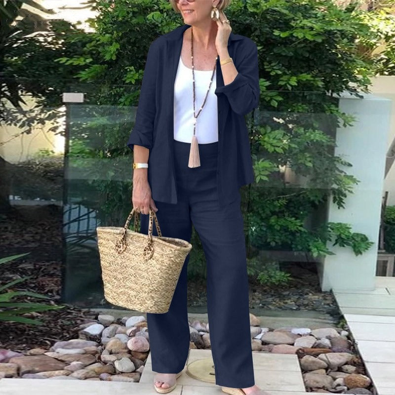 Ensemble Femme Deux Pièces – Lin Mélangé – Coupe Ample – Chemise Ouverte & Pantalon Large