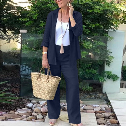 Ensemble Femme Deux Pièces – Lin Mélangé – Coupe Ample – Chemise Ouverte & Pantalon Large