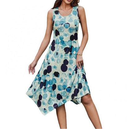 Robe midi femme – Coupe évasée sans manches – Imprimé abstrait – Ourlet asymétrique