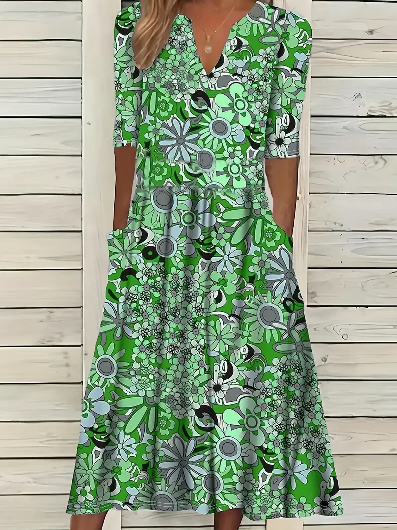 Robe longue femme – Coupe évasée – Tissu respirant – Manches courtes – Col en V – Imprimé fleuri – Avec poches