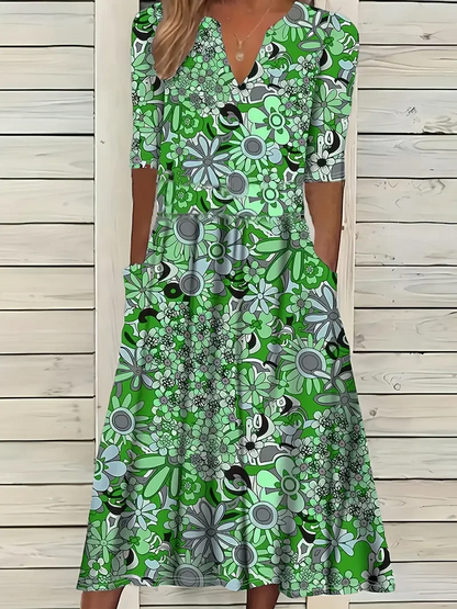 Robe longue femme – Coupe évasée – Tissu respirant – Manches courtes – Col en V – Imprimé fleuri – Avec poches