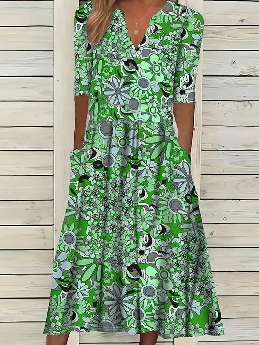 Robe longue femme – Coupe évasée – Tissu respirant – Manches courtes – Col en V – Imprimé fleuri – Avec poches