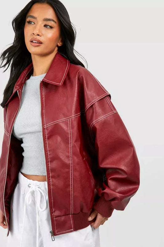 Veste femme en cuir – Coupe oversize – Fermeture zippée – Poignets côtelés