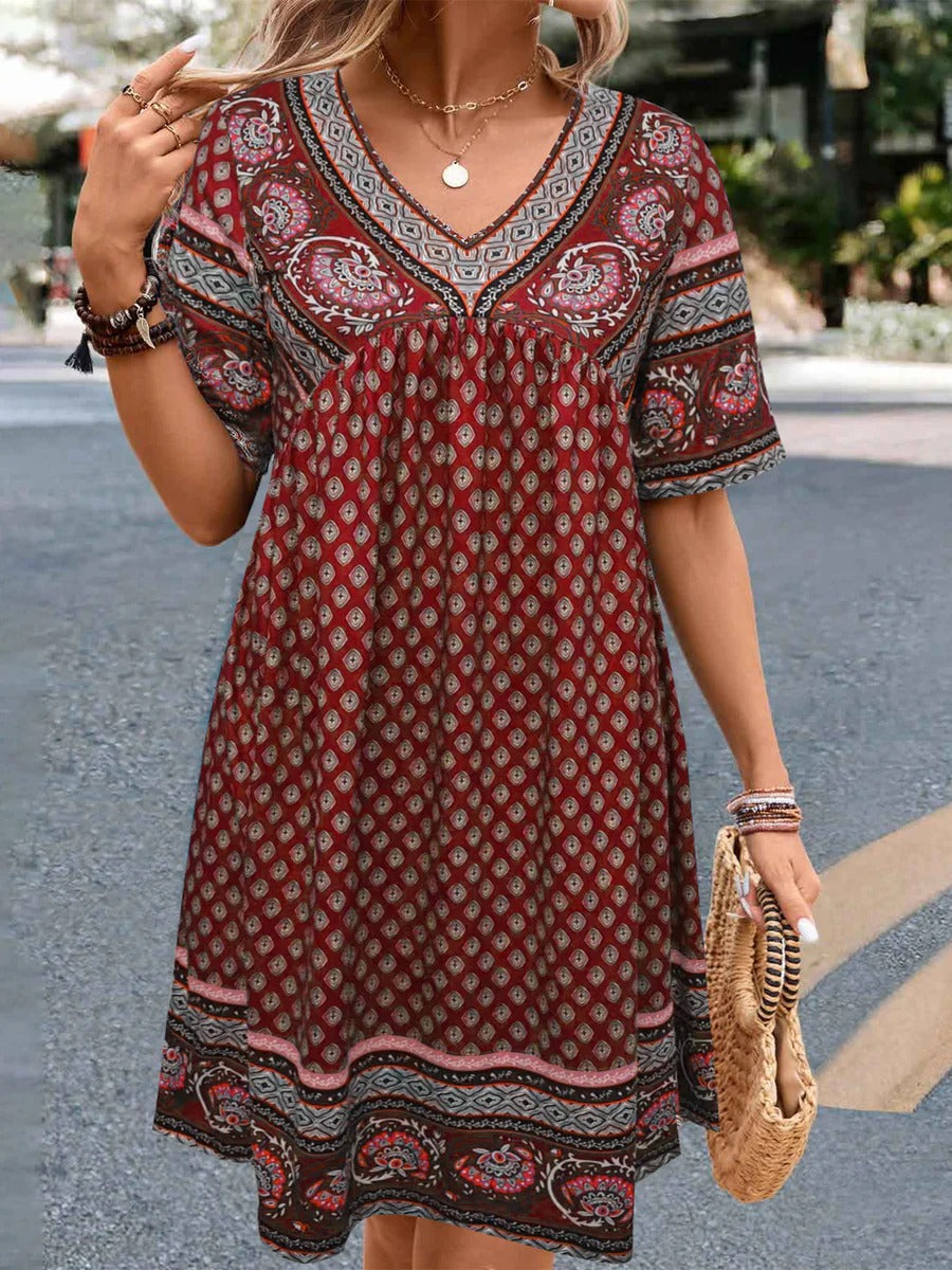 Robe décontractée femme – Coupe fluide – Col en V – Imprimé ethnique – Tissu coton