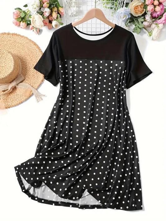 Robe femme trapèze – Pois – Coupe décontractée – Manches courtes – Longueur genou