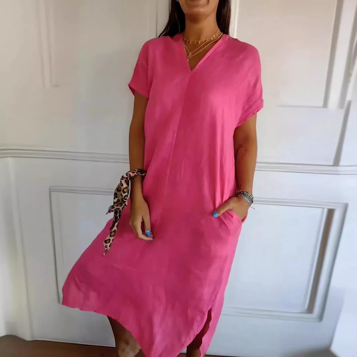 Robe longue femme – Coupe décontractée – Tissu coton doux – Manches courtes – Col V – Avec poches