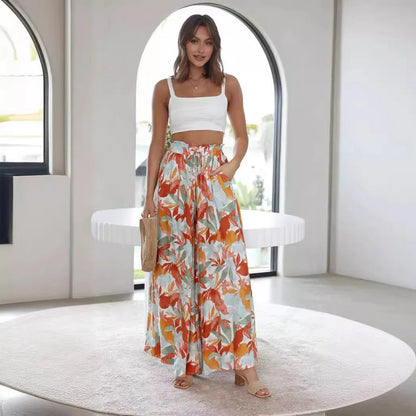 Pantalon femme maxi – Taille haute – Jambes larges – Imprimé floral