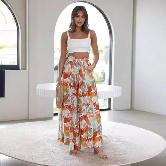 Pantalon femme maxi – Taille haute – Jambes larges – Imprimé floral