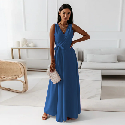 Robe longue femme – Sans manches – Décolleté en V – Taille nouée – Tissu fluide élégant