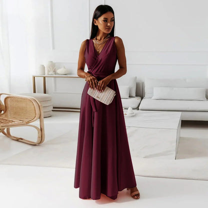 Robe longue femme – Sans manches – Décolleté en V – Taille nouée – Tissu fluide élégant