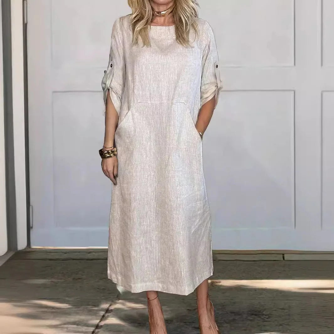 Robe longue femme – Coupe décontractée – Manches retroussables – Poches