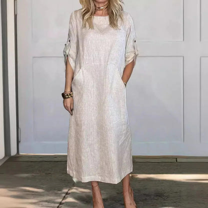 Robe longue femme – Coupe décontractée – Manches retroussables – Poches