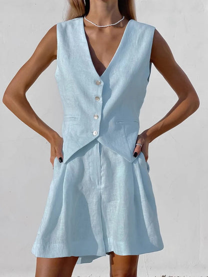 Gilet femme – Lin – Coupe décontractée – Col en V ajusté – Fermeture à boutons