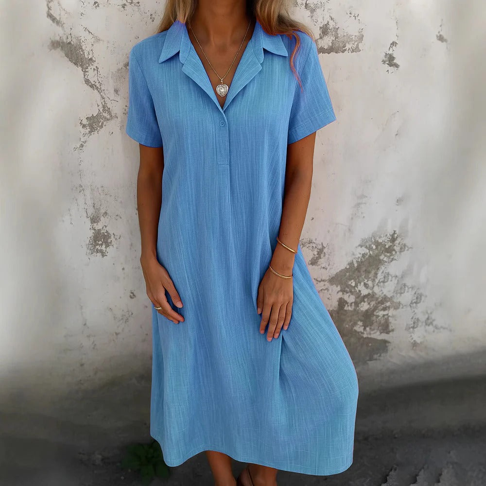 Robe chemise femme – Coupe décontractée – Coton – Manches courtes – Longueur midi