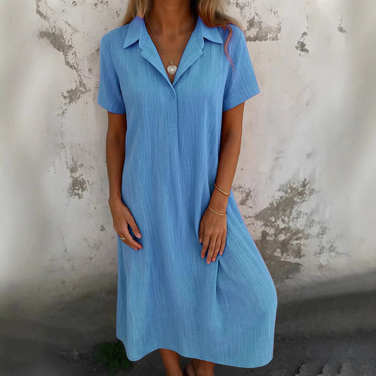 Robe chemise femme – Coupe décontractée – Coton – Manches courtes – Longueur midi