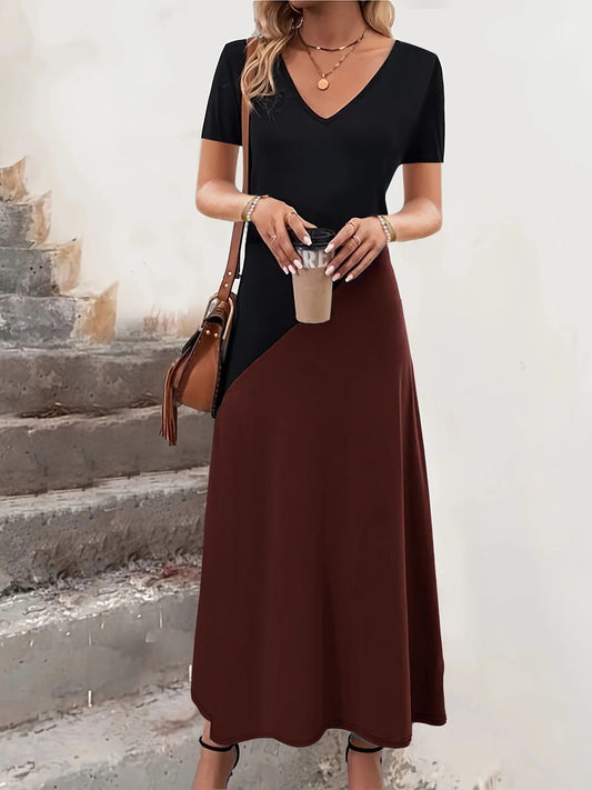 Robe longue femme – Col en V – Manches courtes – Coupe cintrée évasée – Color block