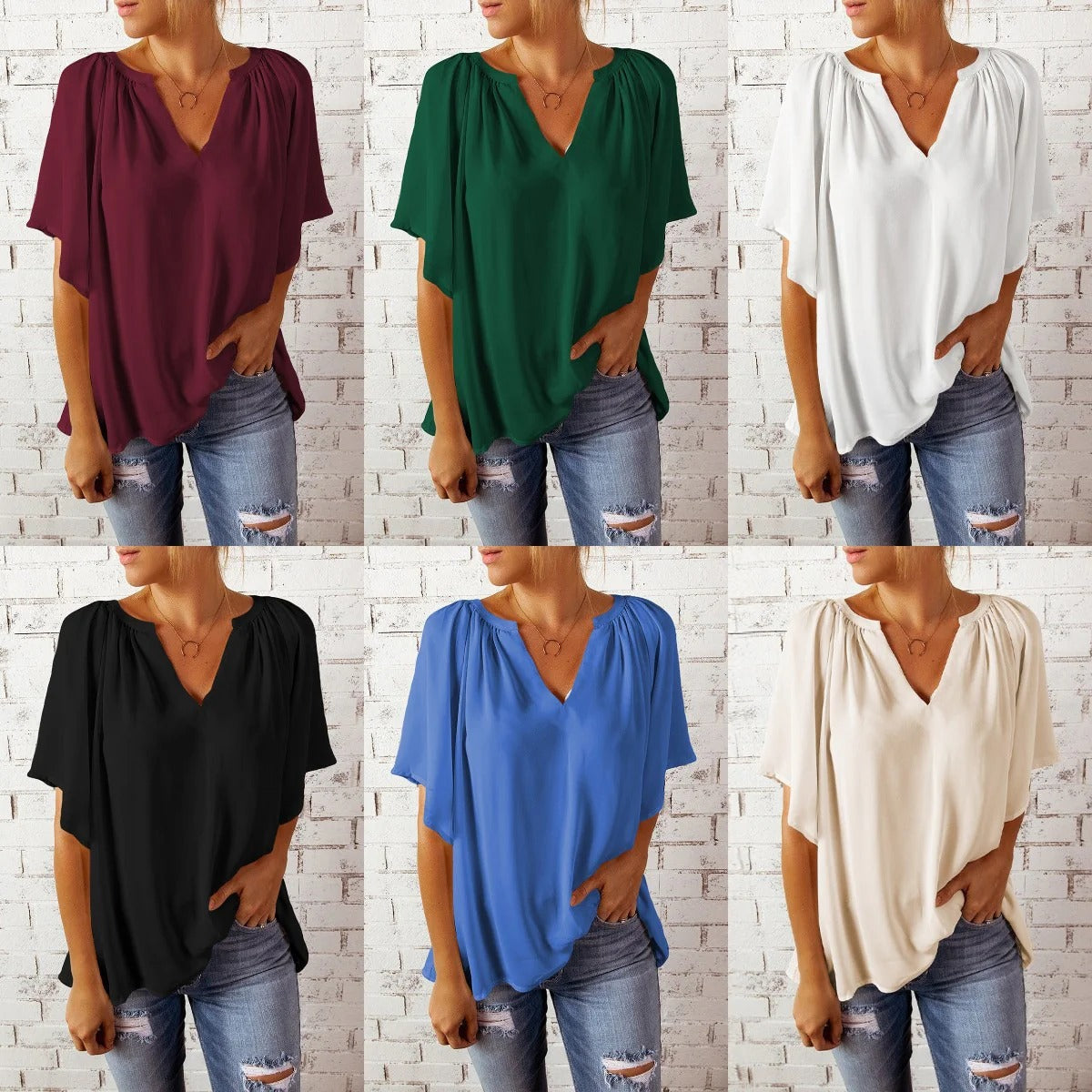 Blouse femme – Coupe décontractée – Col en V – Manches courtes