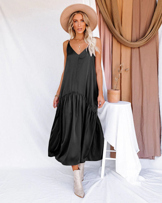 Robe longue femme – Coupe fluide – Décolleté en V – Bretelles fines – Détails à volants