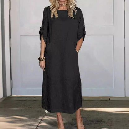 Robe longue femme – Coupe décontractée – Manches retroussables – Poches