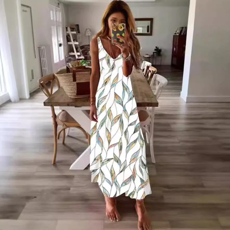 Robe longue femme – Coupe fluide – Sans manches – Décolleté en V – Motif fleuri